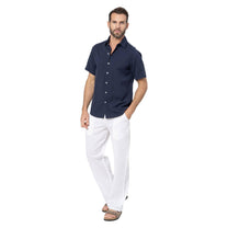 Camicia estiva in lino e cotone blu navy da uomo