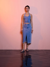 Gonna longuette in denim con spacco frontale