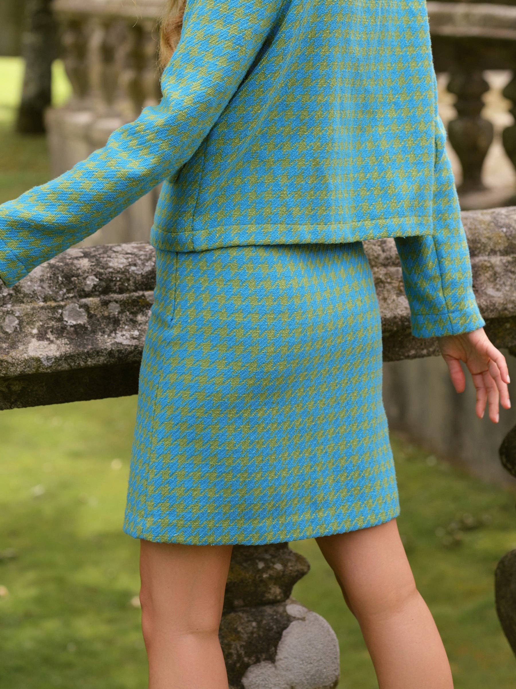 Gonna jacquard pied de poule blu e verde