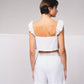 Top corto in lino con spalline arricciate