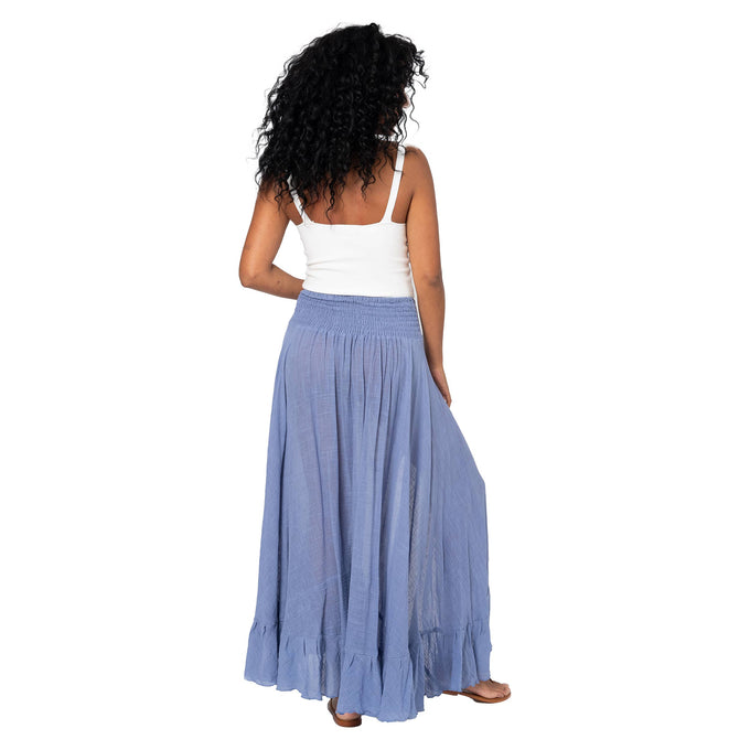 Gonna lunga estiva blu con vita smock e laccetti