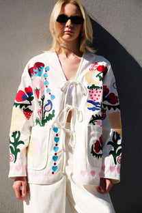 Giacca kimono in gabardine con ricami folk