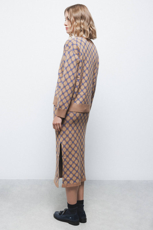 Gonna midi jacquard a motivo geometrico con vita elastica