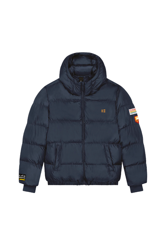 Cappotto imbottito blu navy in poliestere riciclato