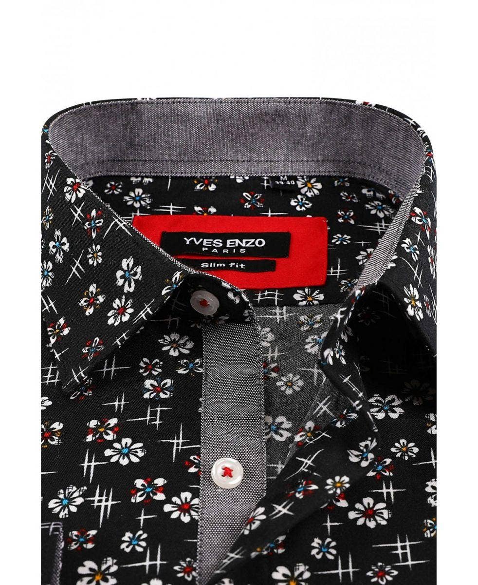 Camicia slim fit nera fantasia floreale