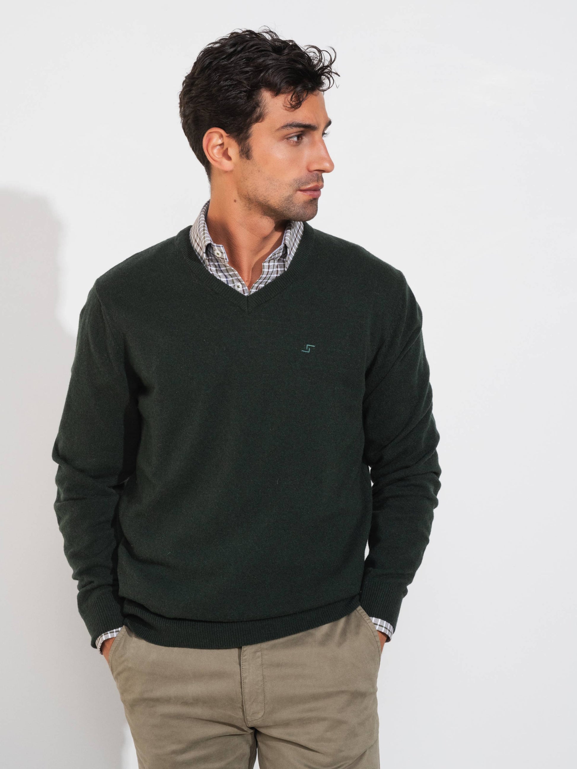 Pullover in lana a maglia fine con scollo a V e ricamo