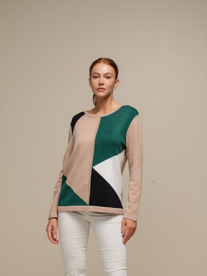Maglione donna in maglia color block con dettaglio luminoso