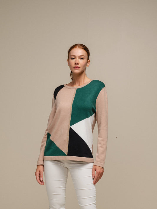 Maglione donna in maglia color block con dettaglio luminoso