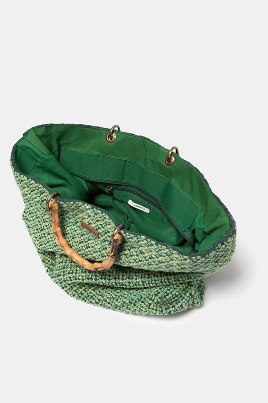 Borsa shopper intrecciata rustica con manici effetto bambù