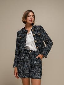 Blazer bouclé corto con bottoni gioiello