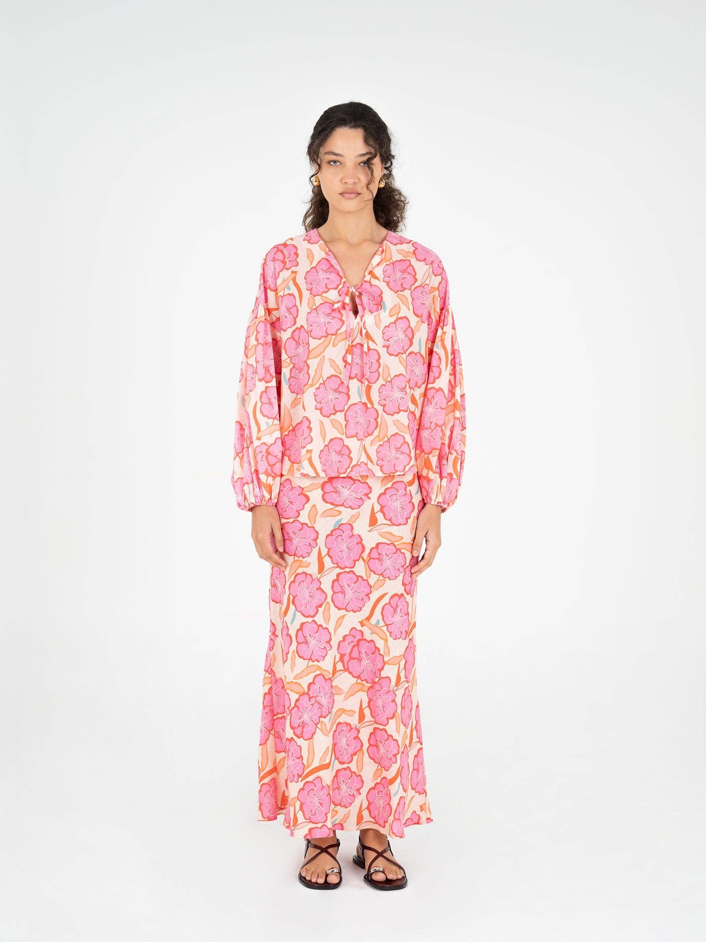 Gonna maxi floreale rosa in lino