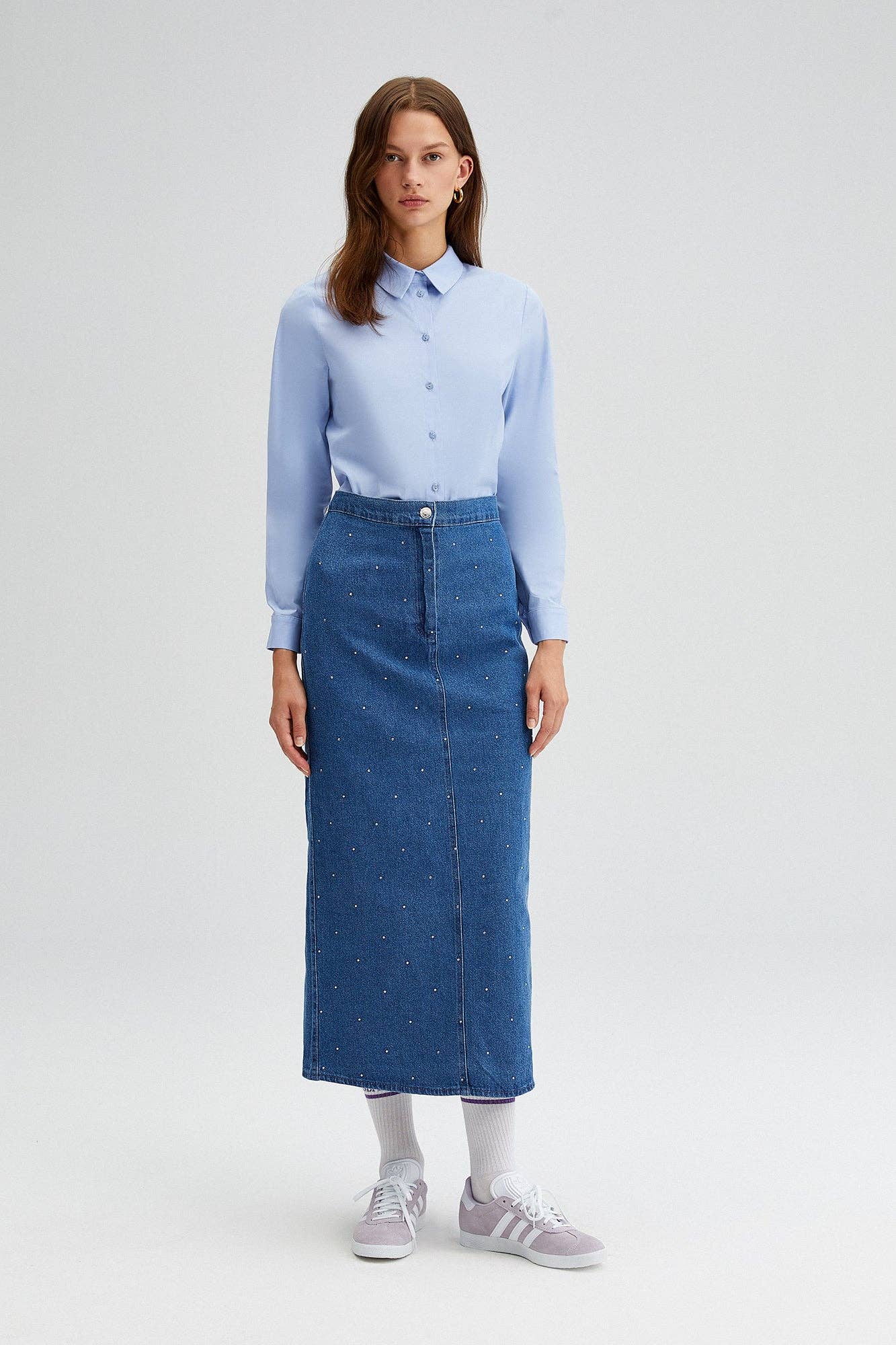 Gonna lunga in denim con strass