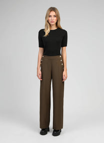 Pantaloni palazzo a vita alta color militare con bottoni dorati