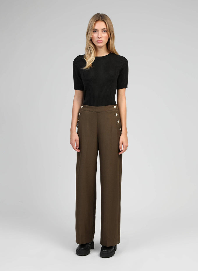 Pantaloni palazzo a vita alta color militare con bottoni dorati