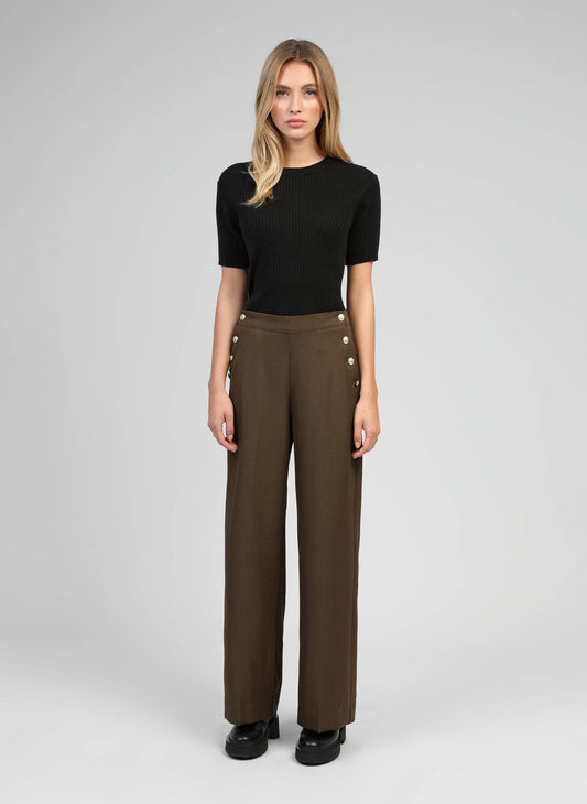 Pantaloni palazzo a vita alta color militare con bottoni dorati