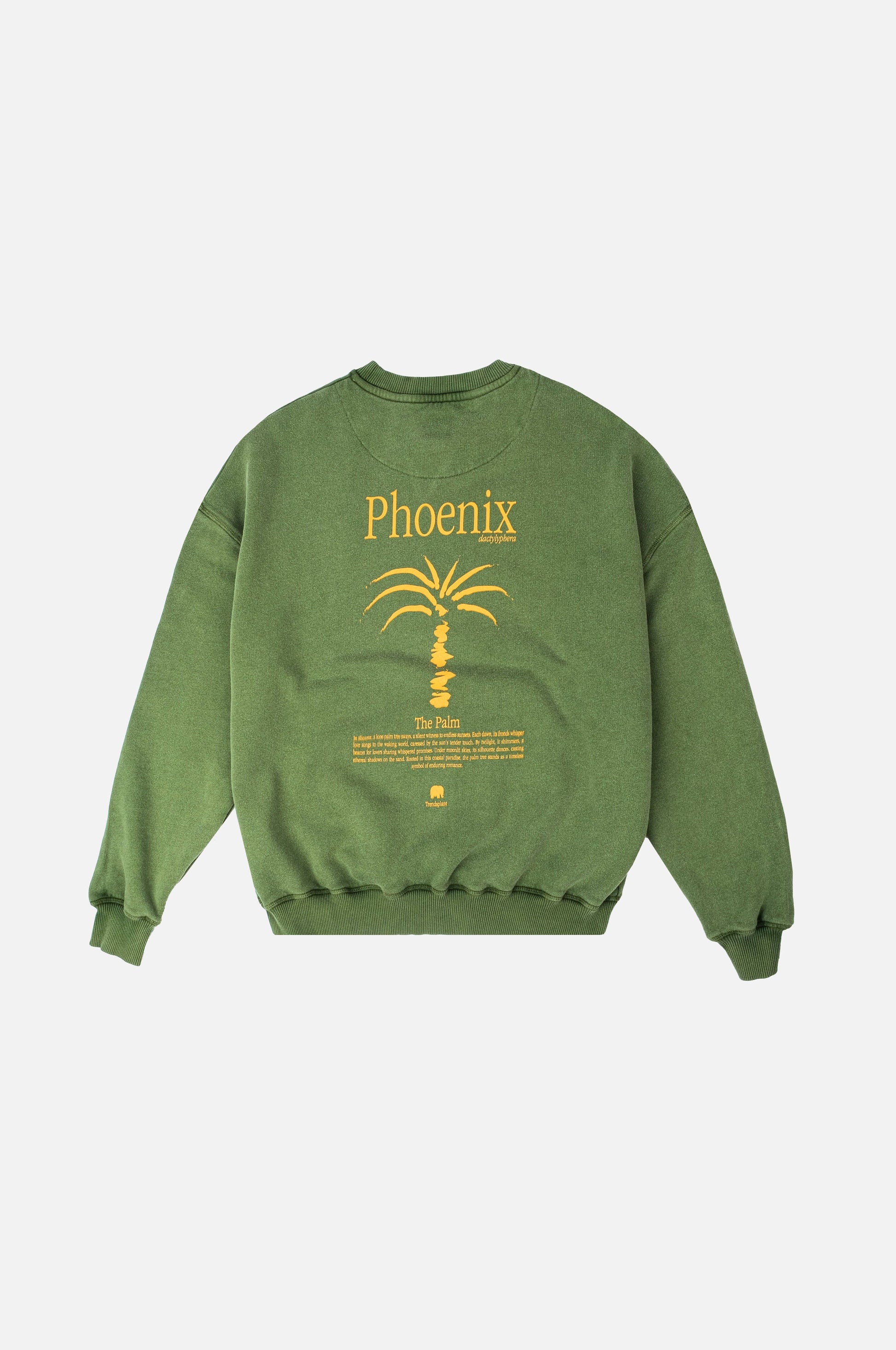 Maglione oversize in cotone biologico verde con stampa palma Phoenix