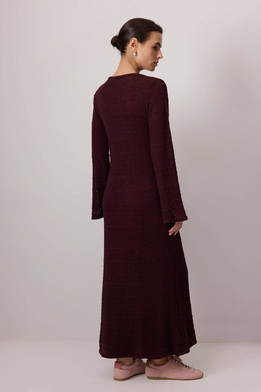 Abito lungo in maglia crochet bordeaux