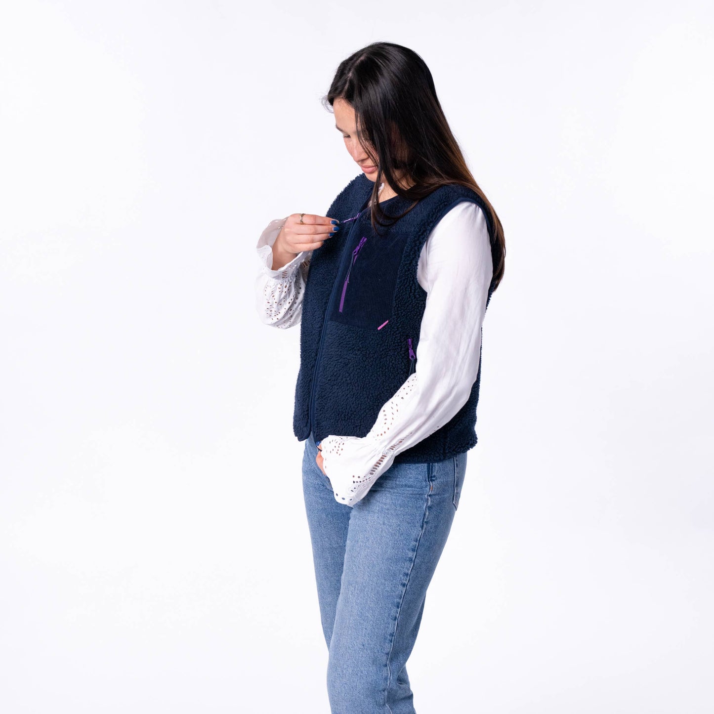 Gilet sherpa donna con zip blu navy