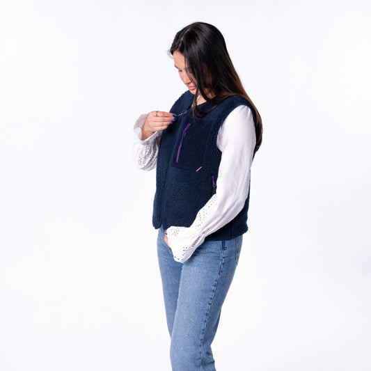 Gilet sherpa donna con zip blu navy