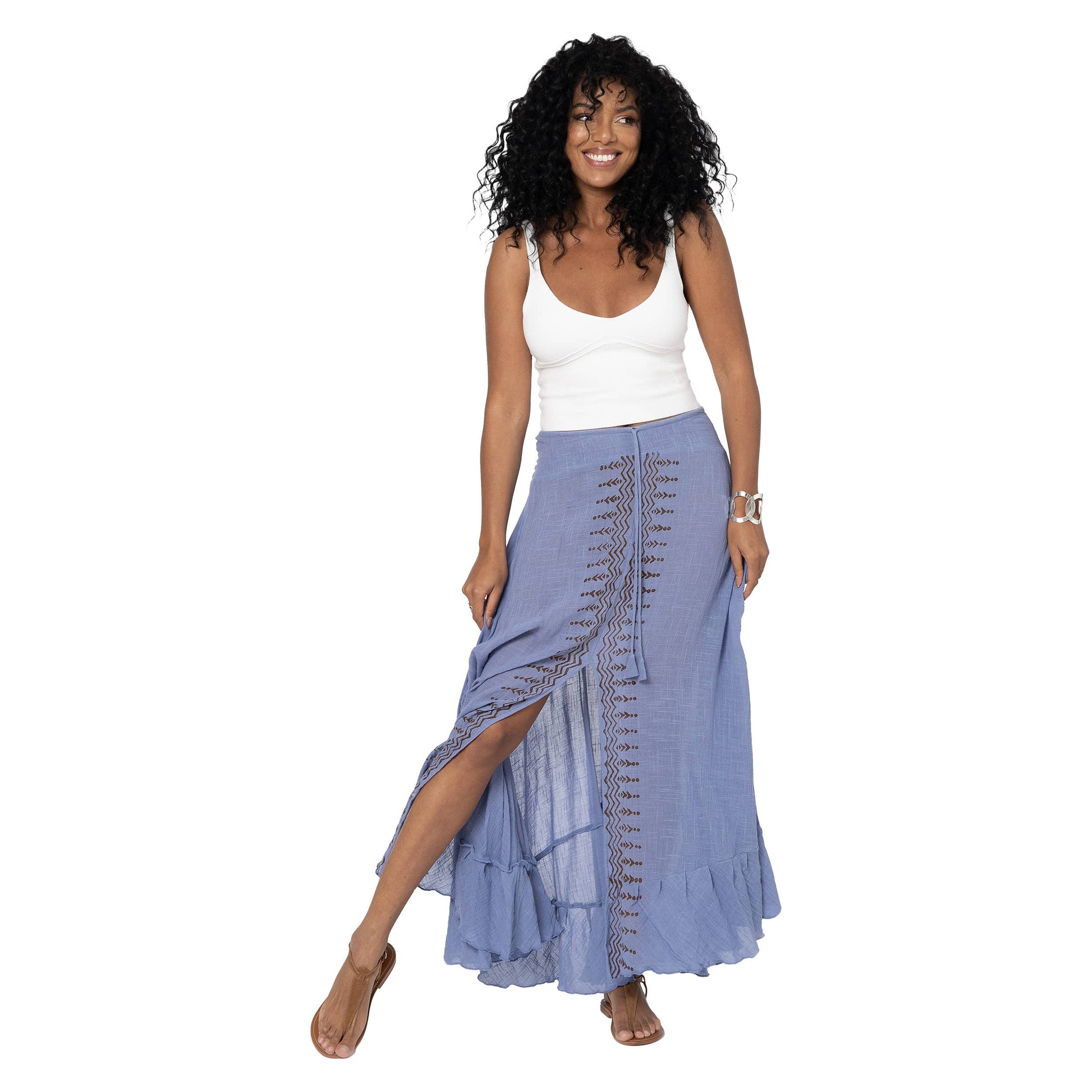 Gonna lunga estiva blu con vita smock e laccetti