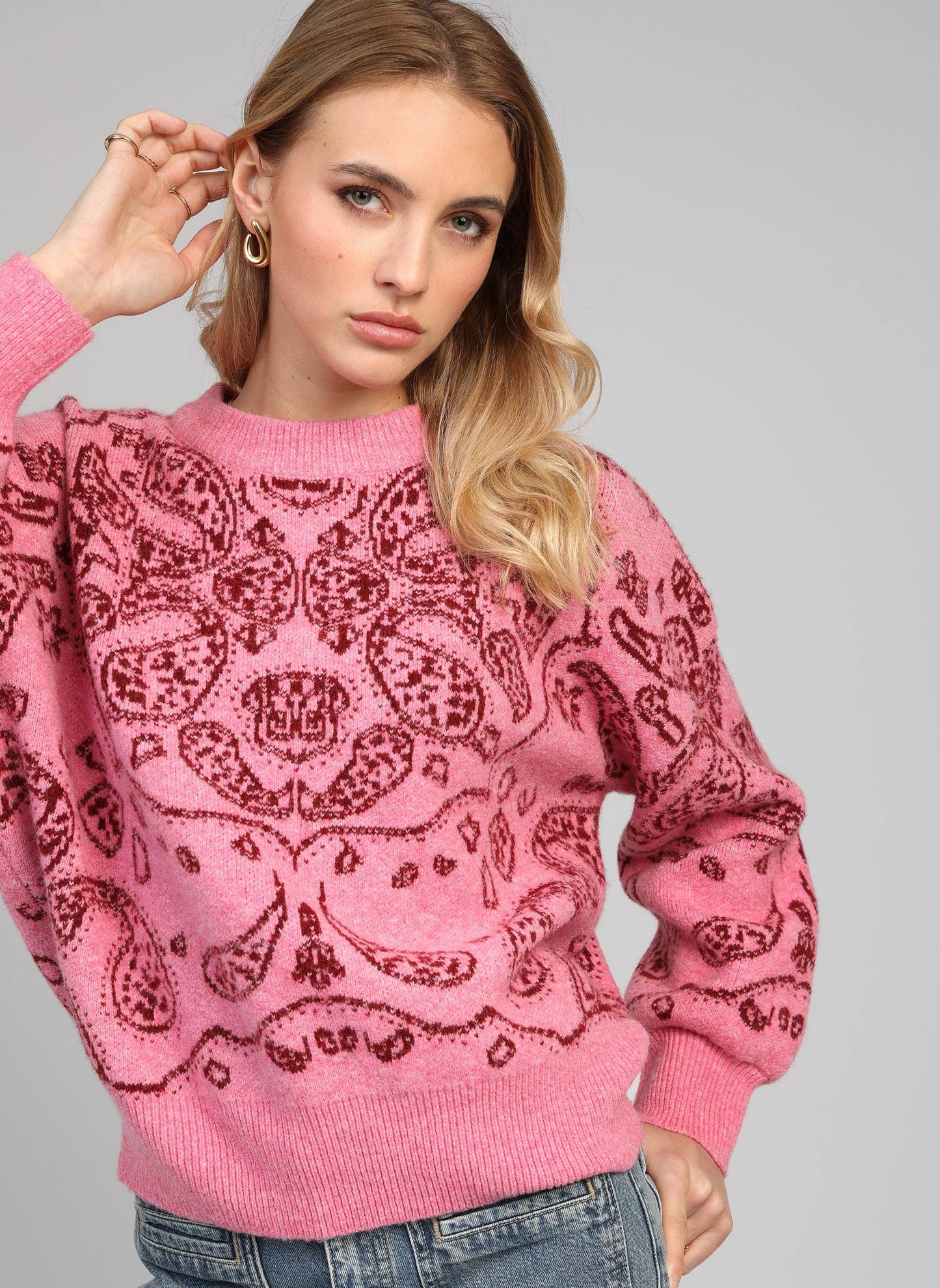 Maglione oversize jacquard bandana rosa caramella