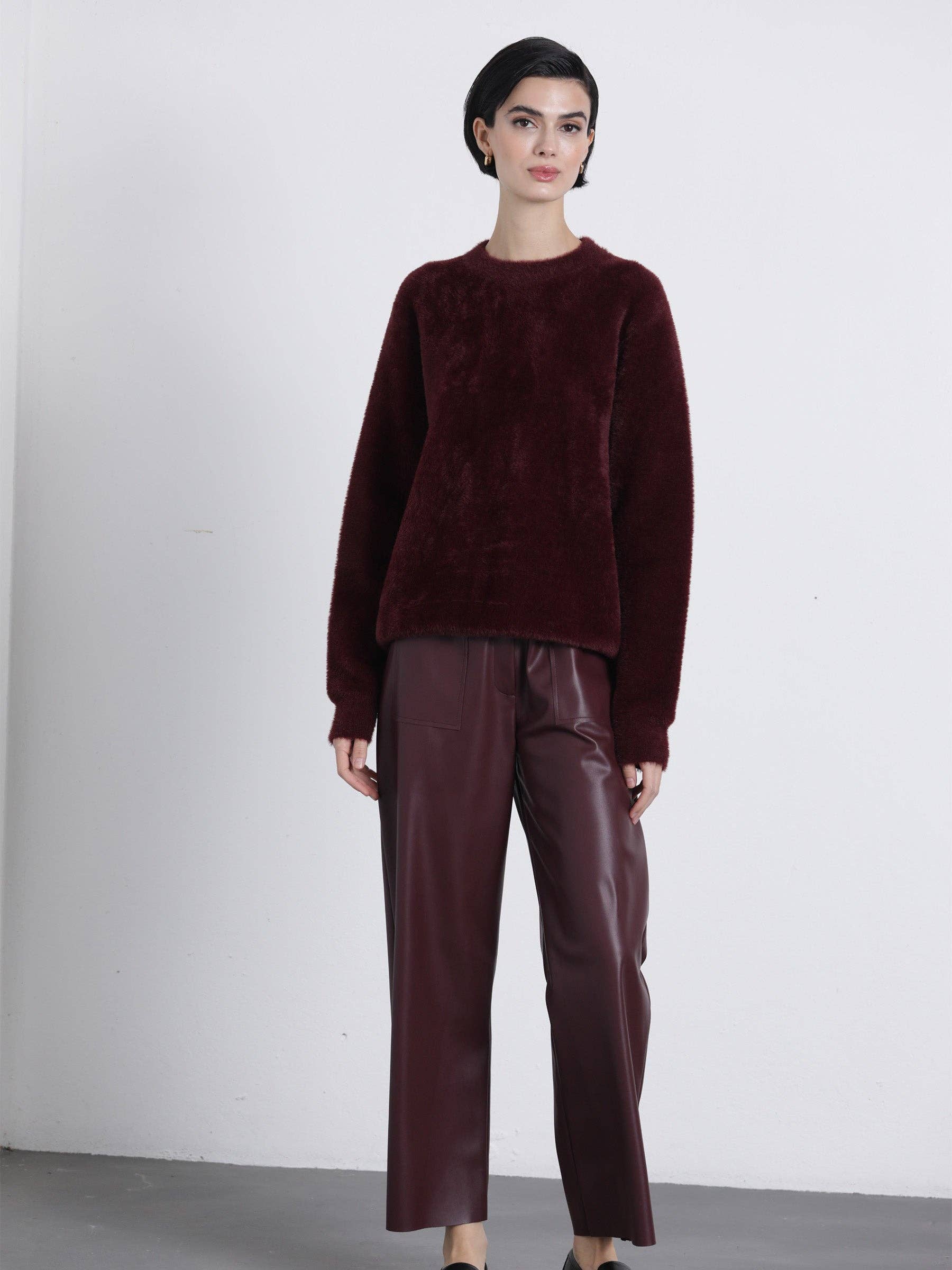 Maglione girocollo effetto peluche bordeaux