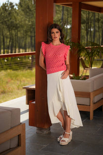 Top traforato in maglia con volant