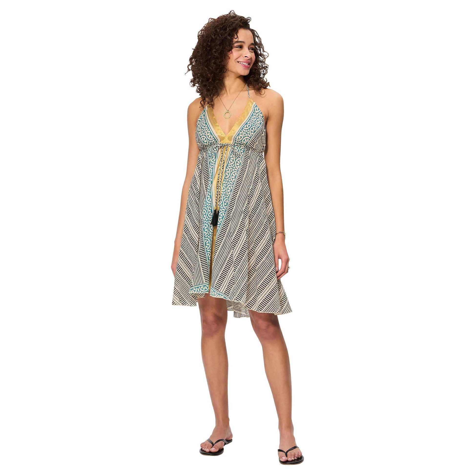 Abito corto estivo boho in cotone con scollo a V