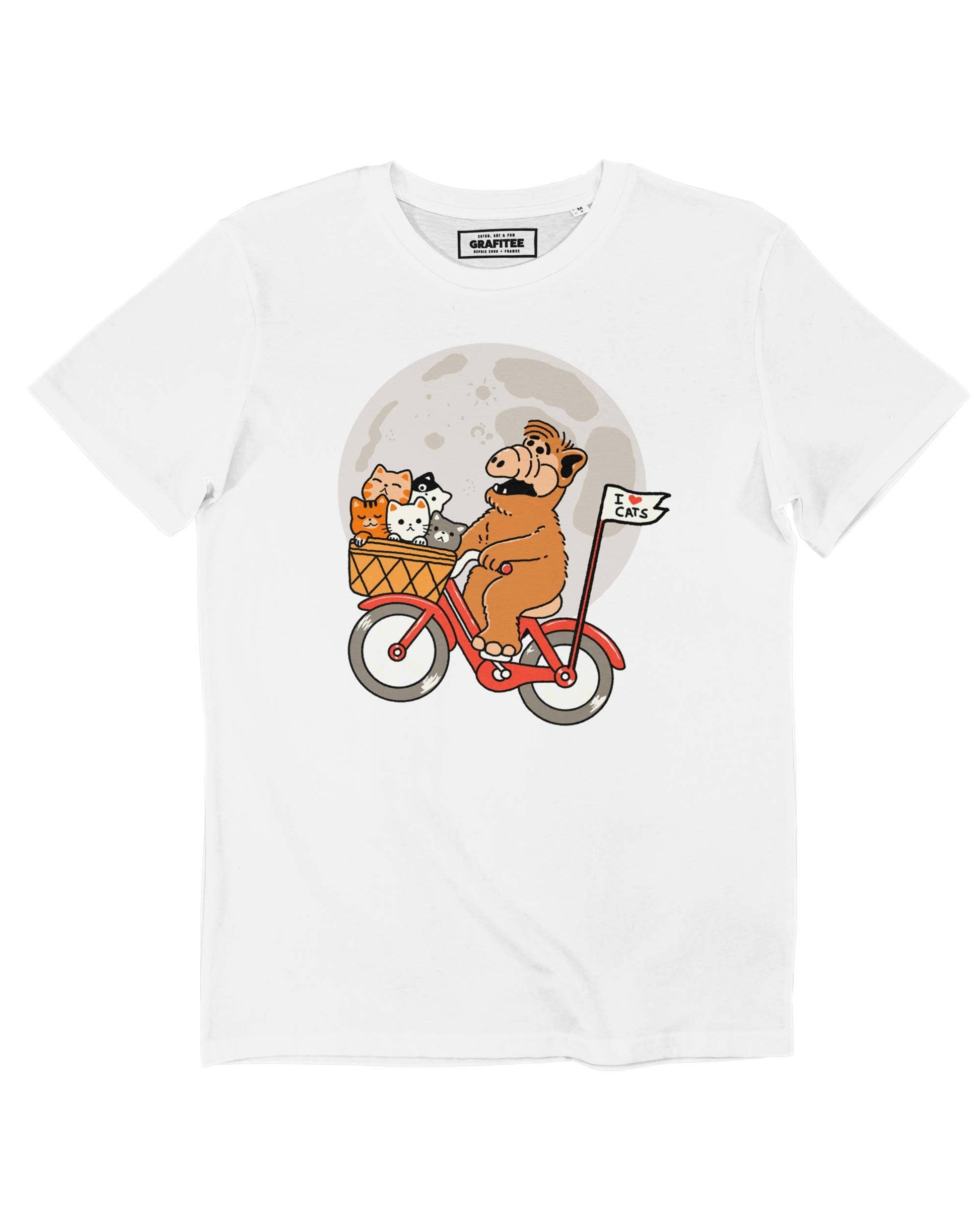 T-shirt unisex in cotone biologico con stampa "Alf, gatti e luna"