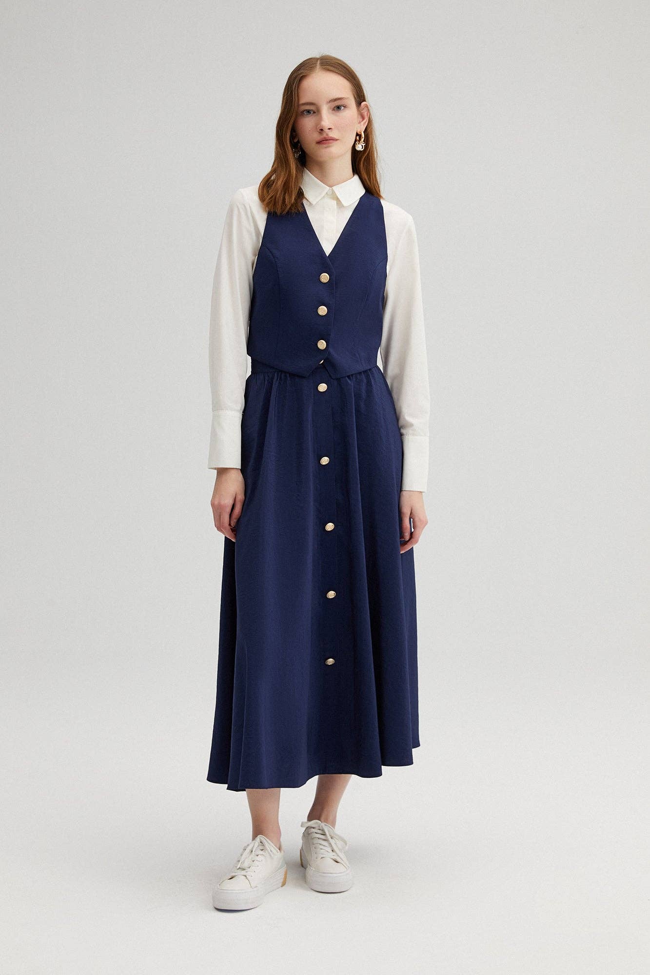 Completo gilet e gonna midi blu navy
