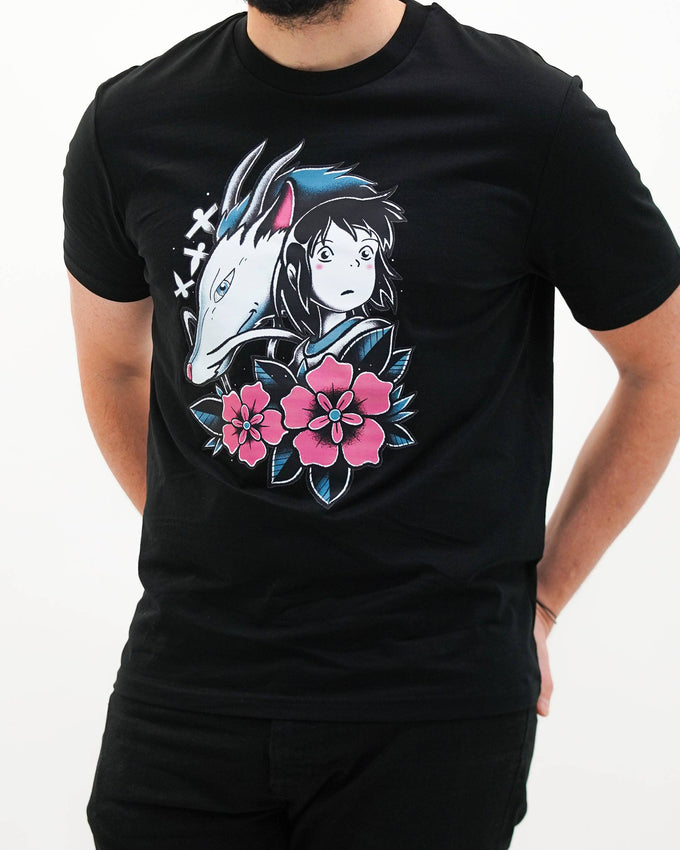 T-shirt unisex nera con stampa “La bambina, il drago e il fiore”