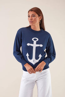 Maglione girocollo blu con stampa ancora