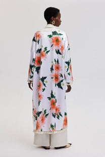 Kimono lungo con frange e stampa floreale