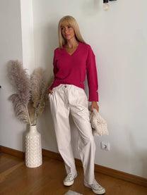 Pullover donna in maglia con scollo a V e polsini con bottoni