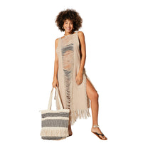 Abito estivo midi beige in cotone con frange