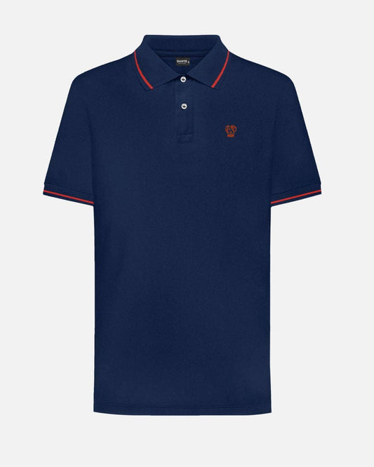 Polo antimacchia blu con dettagli rossi