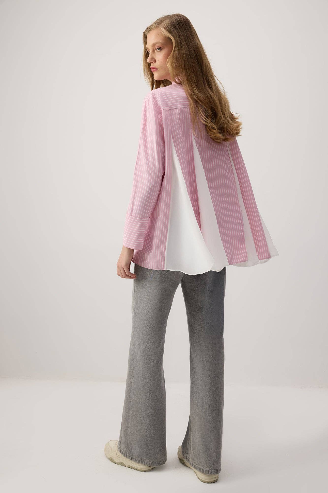 Camicia Oversize a Righe con Dettagli in Chiffon