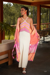 Abito lungo con spalline incrociate e righe multicolor