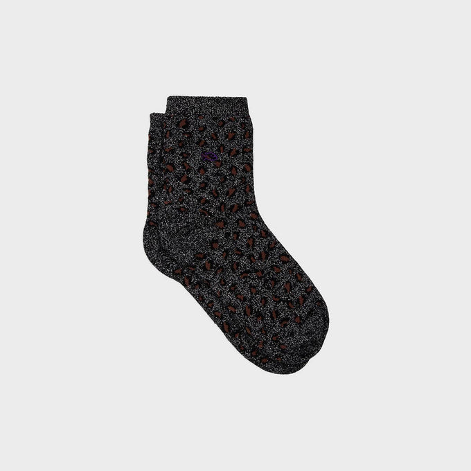Calze leopardate glitter nero e argento in cotone pettinato
