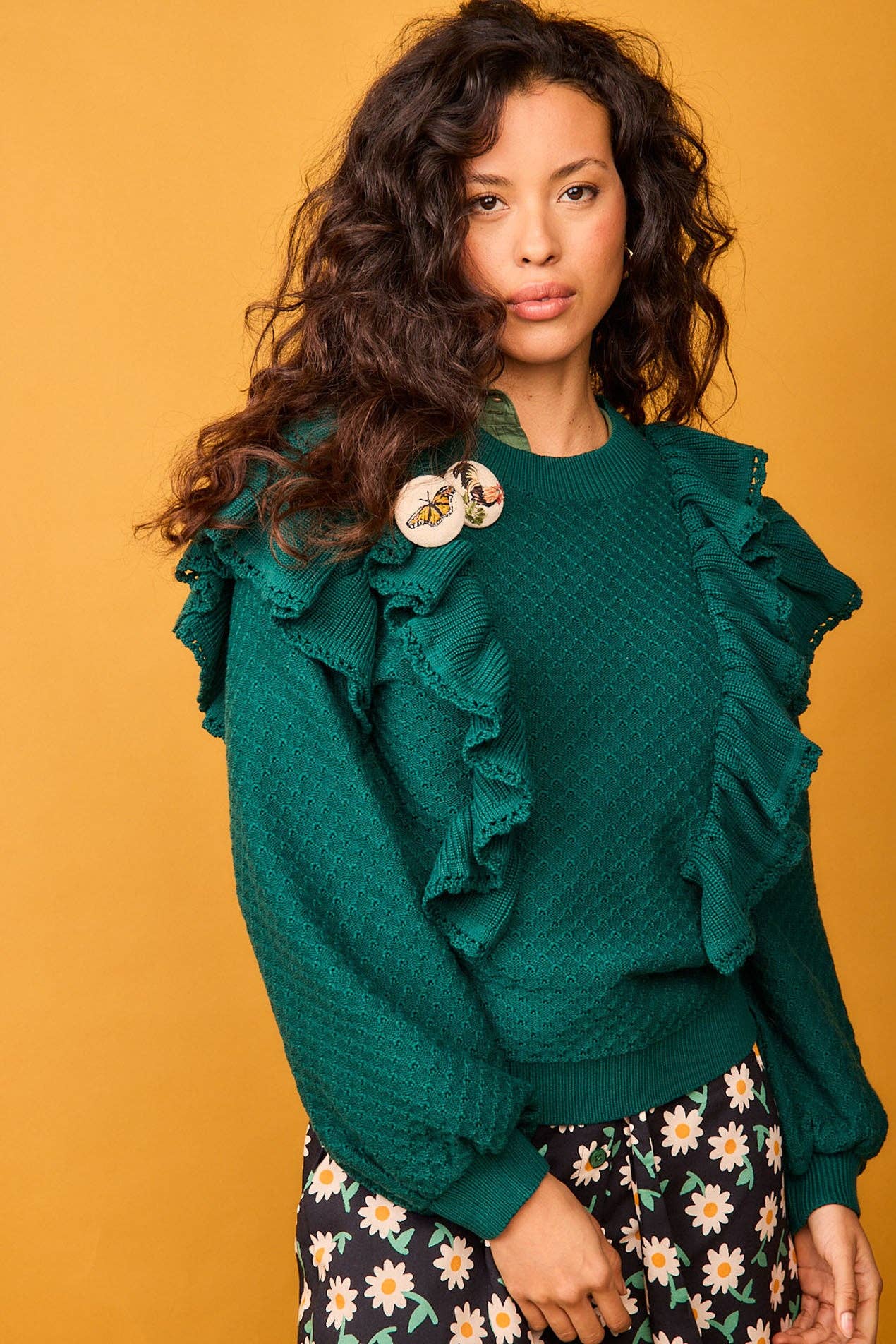 Maglione verde nido d’ape con volant