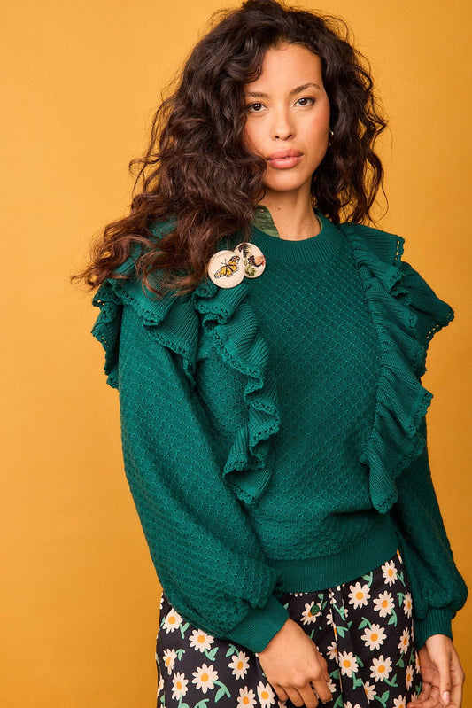Maglione verde nido d’ape con volant