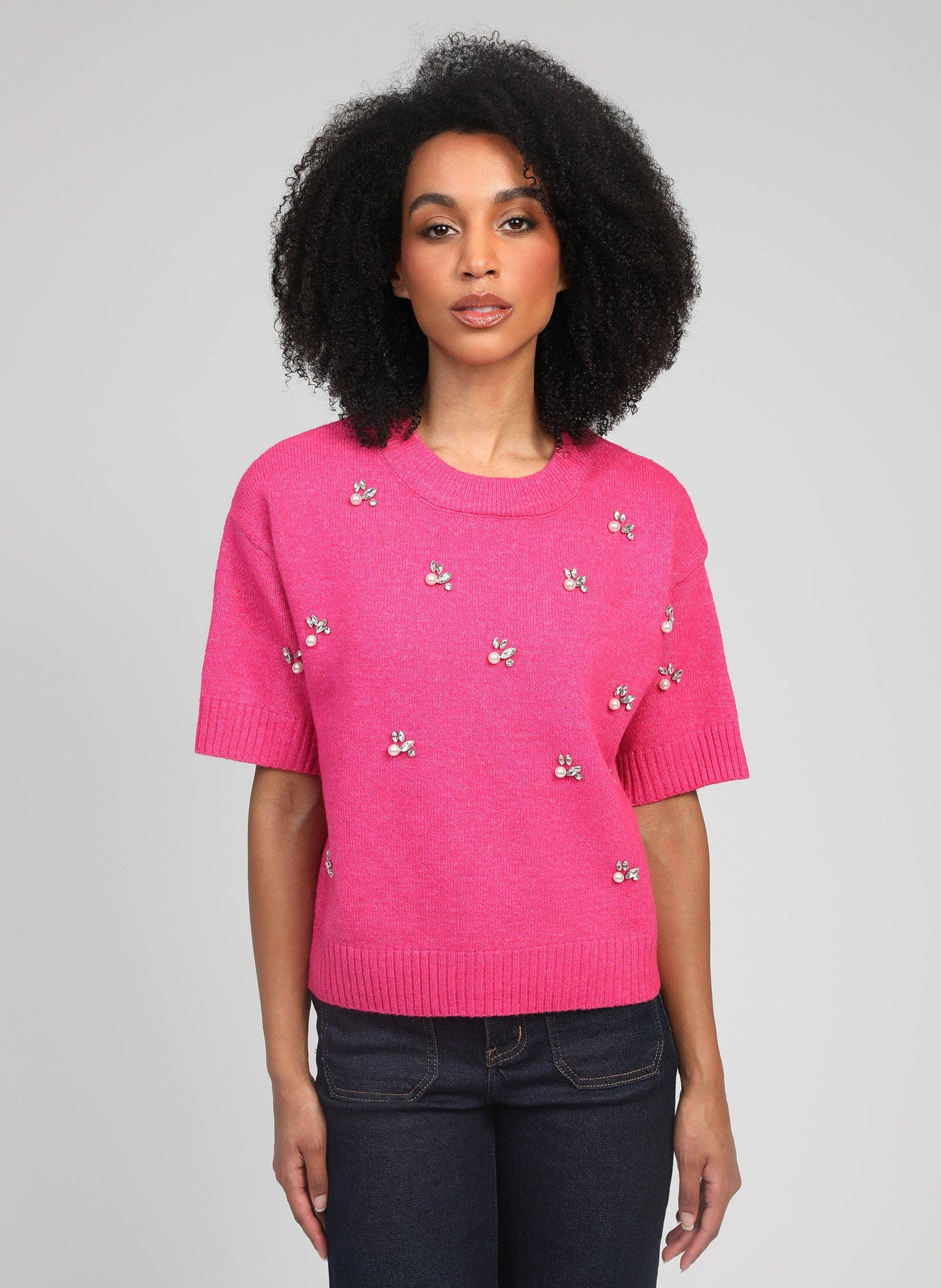 Maglione Nelida rosa caramella con strass e perle