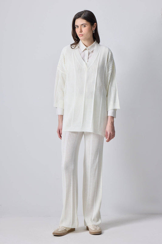 Completo maglia e pantaloni in maglia testurizzata écru