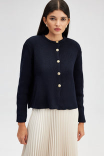 Cardigan corto blu navy con bottoni dorati