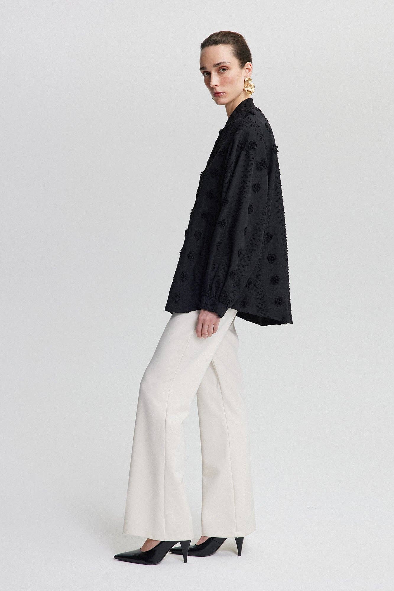 Bomber in pizzo floreale nero da donna