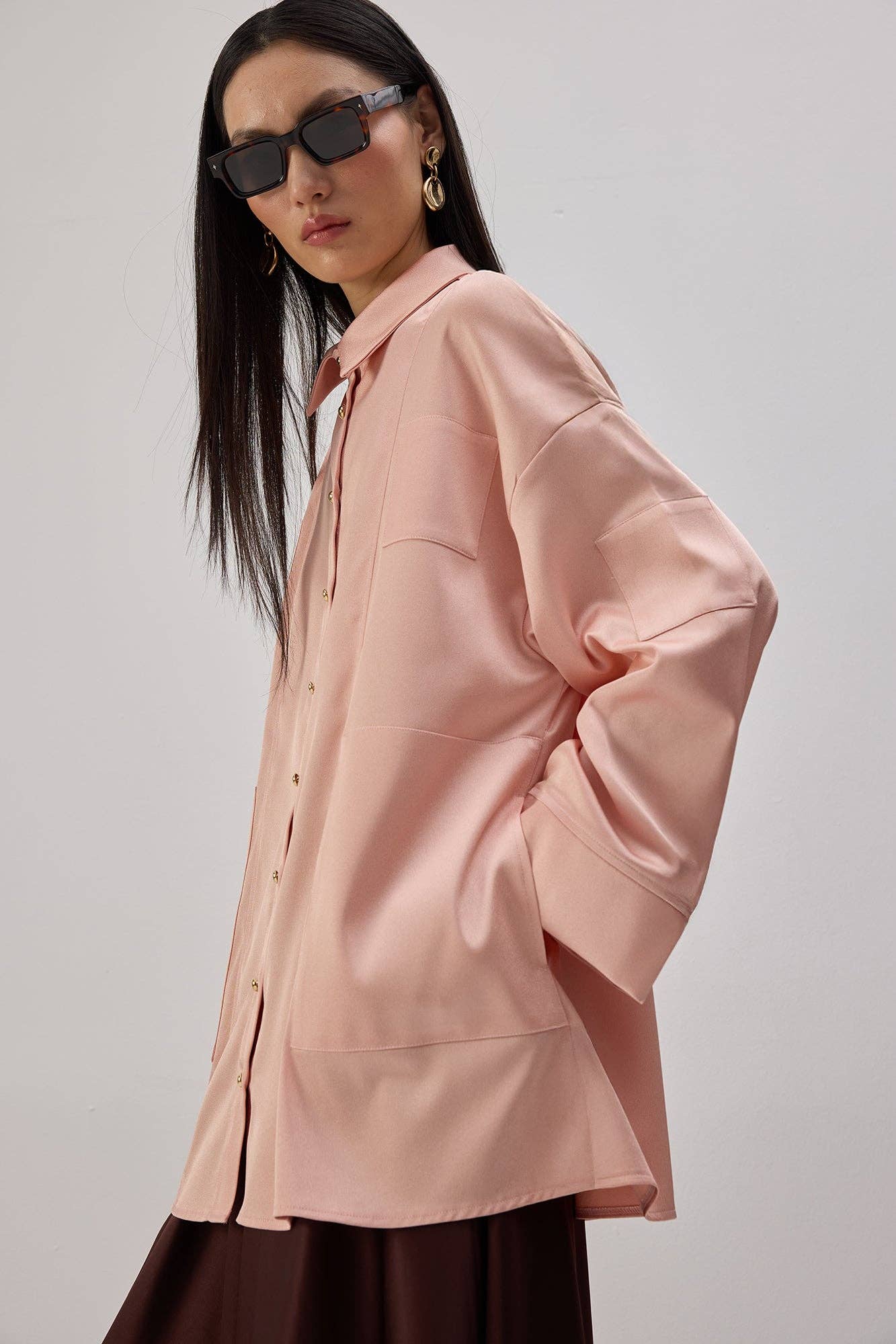 Camicia oversize in raso rosa