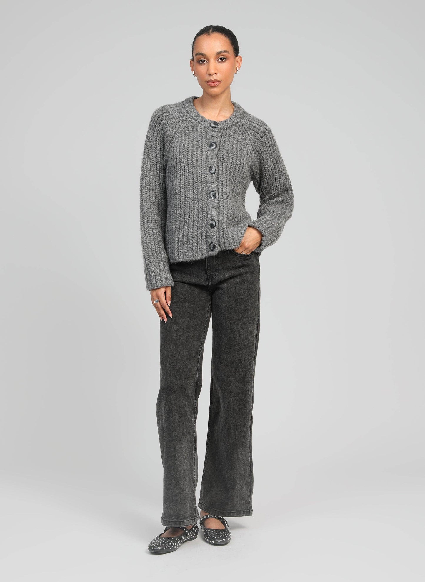 Cardigan in maglia grigia mélange con bottoni
