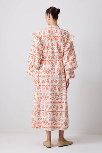 Abito maxi floreale arancione in misto lino con maniche a volant