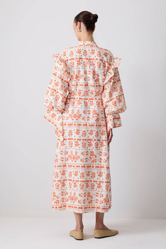 Abito maxi floreale arancione in misto lino con maniche a volant