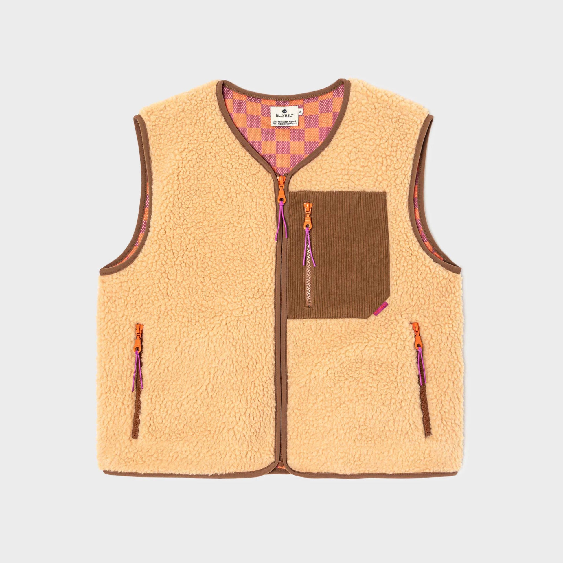 Gilet sherpa smanicato con zip beige da donna